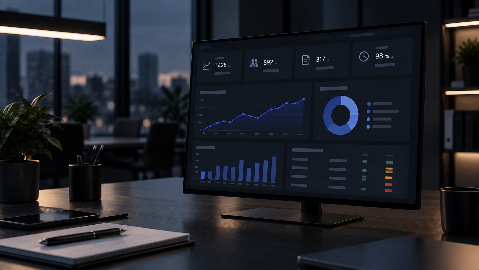 Dunkle 3D-Illustration moderner Dashboards mit Datenvisualisierungen, Diagrammen und Kennzahlen